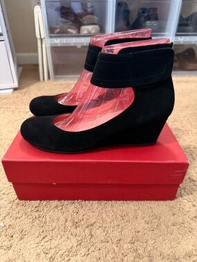 Sacha London Black Suede Wedge Ankle Strap Pumps